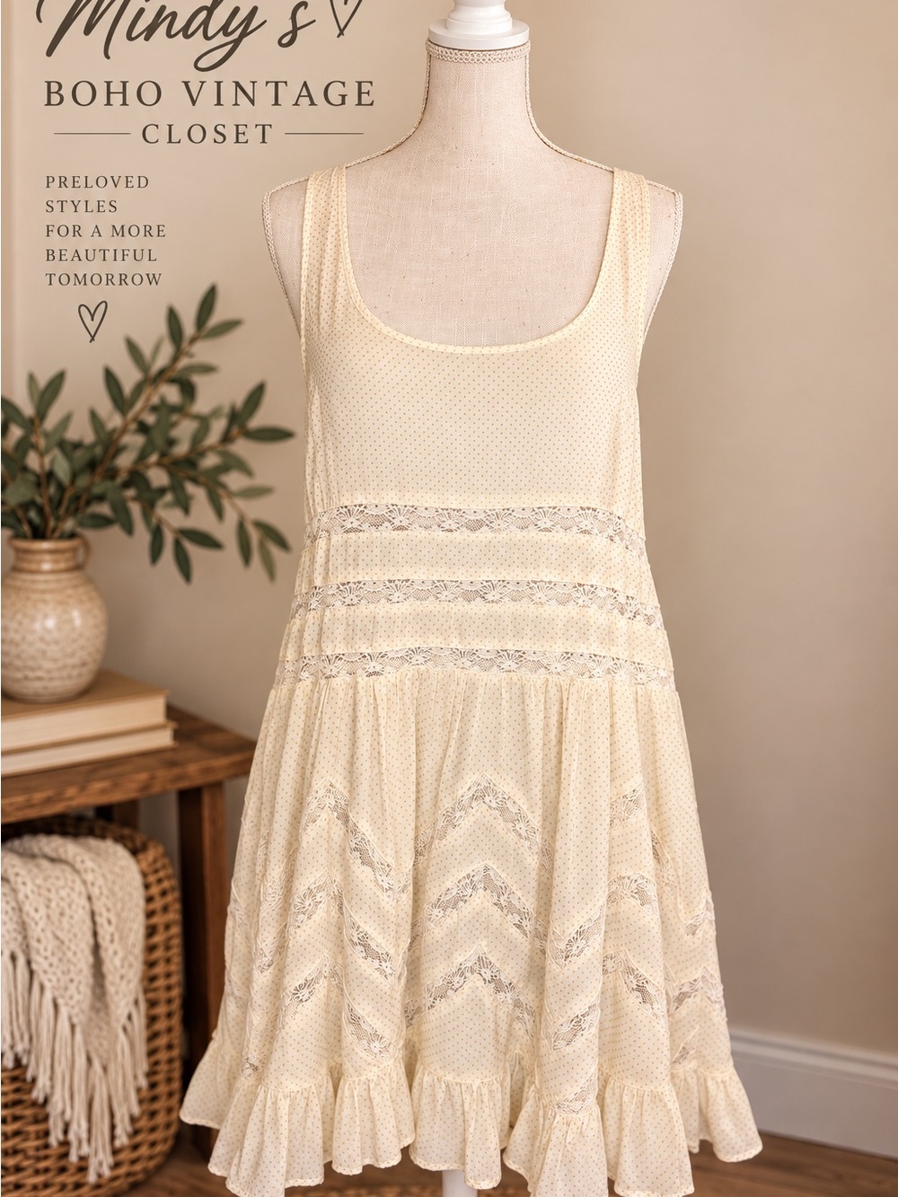 Free People Cream Lace-Trim Tank Dress
